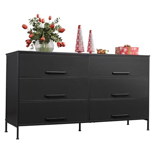 WLIVE 6 Drawer Dresser for Bedroom Large, Fabric Black Dresser TV Stand for 50, 55, 60 inch TV, Wide Long Chest of Drawers with Deep Drawer for Closet, Bedroom, Living Room, Hallway