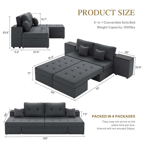 YITAHOME Queen Size Sleeper Sofa, 5-in-1 Convertible Sofa Bed Couch with 2 Storage Cabinets and USB Ports, 100