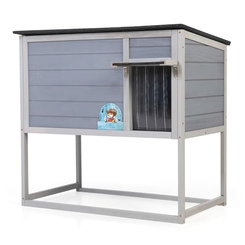 Raised Outdoor Cat House, Weatherproof Cat Shelter for Outside with Insulated All-Round Foam, Feral Cat Enclosure Openable Top, PVC Curtain, Wooden Condos for Small Dogs,Rabbits