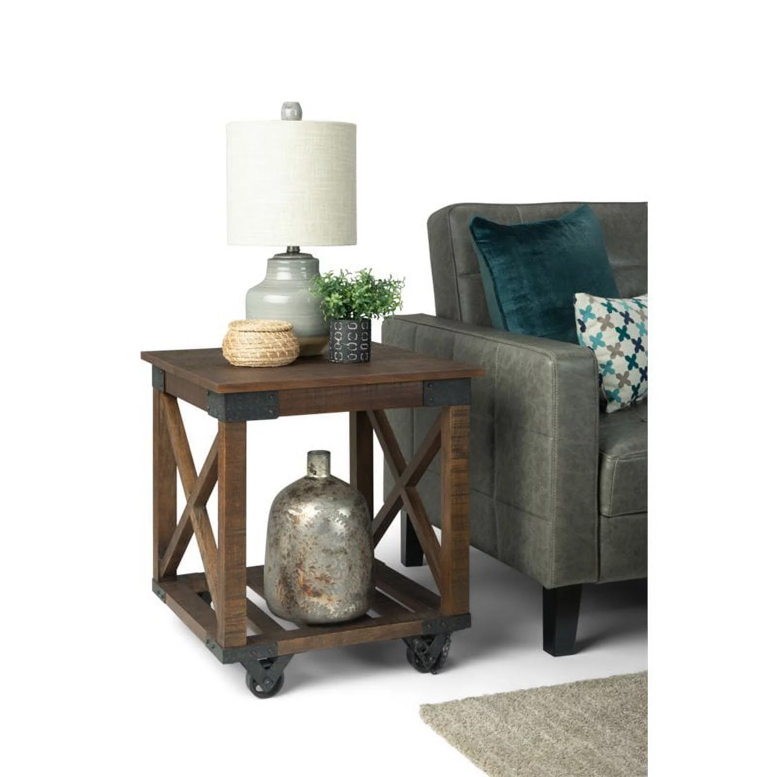 Pemberly Row Farmhouse Solid Wood End Table in Distressed Dark Brown