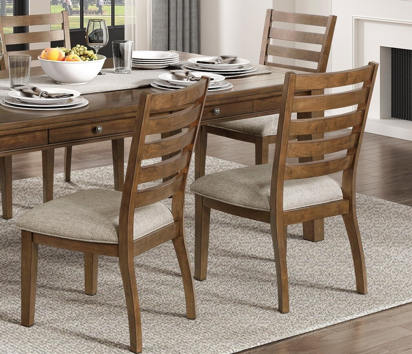 Traditional Cherry Finish 5pc Dining Table Set Wooden Chairs 6x Drawers Fabric Upholstered Seat Home Furniture