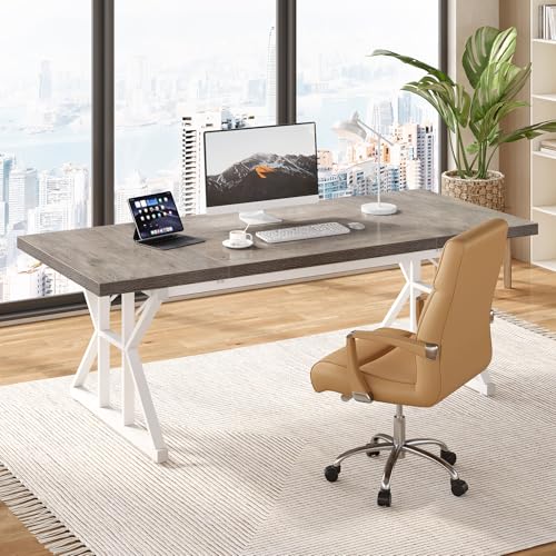 LITTLE TREE 78.7 Inch Large Executive Desk, Extra Long Computer Office Desk Workstation, Modern Simple Style Laptop Table, Sturdy Wooden Writing Workstation for Home Black