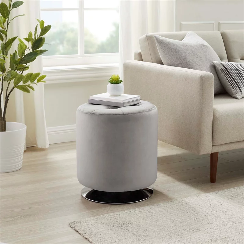 Linon Odin Round Faux Leather Swivel Ottoman in Gray