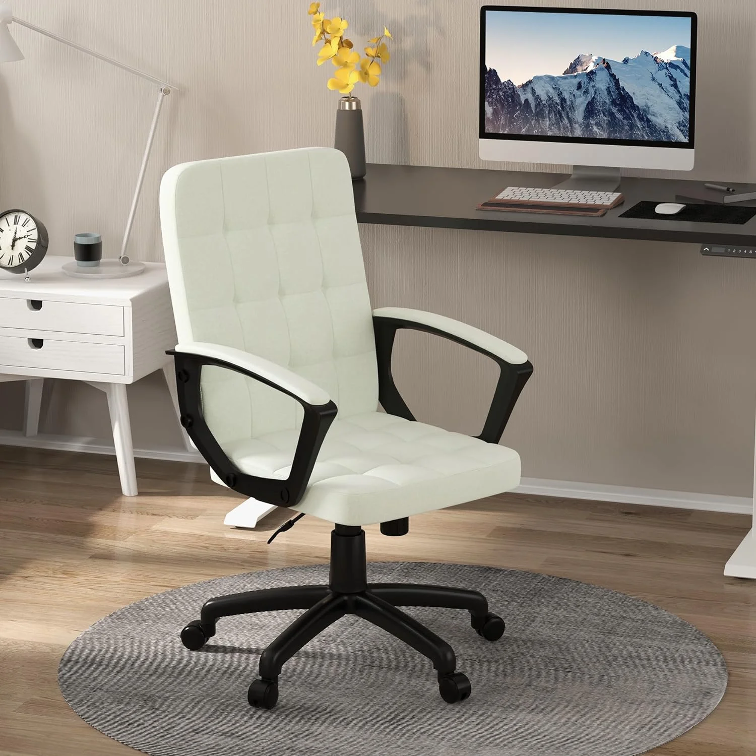 Fabric Office Chair, Computer Desk Chair, Swivel Task Chair With Arms, Adjustable Height, Swivel Wheels, Back, Cream White