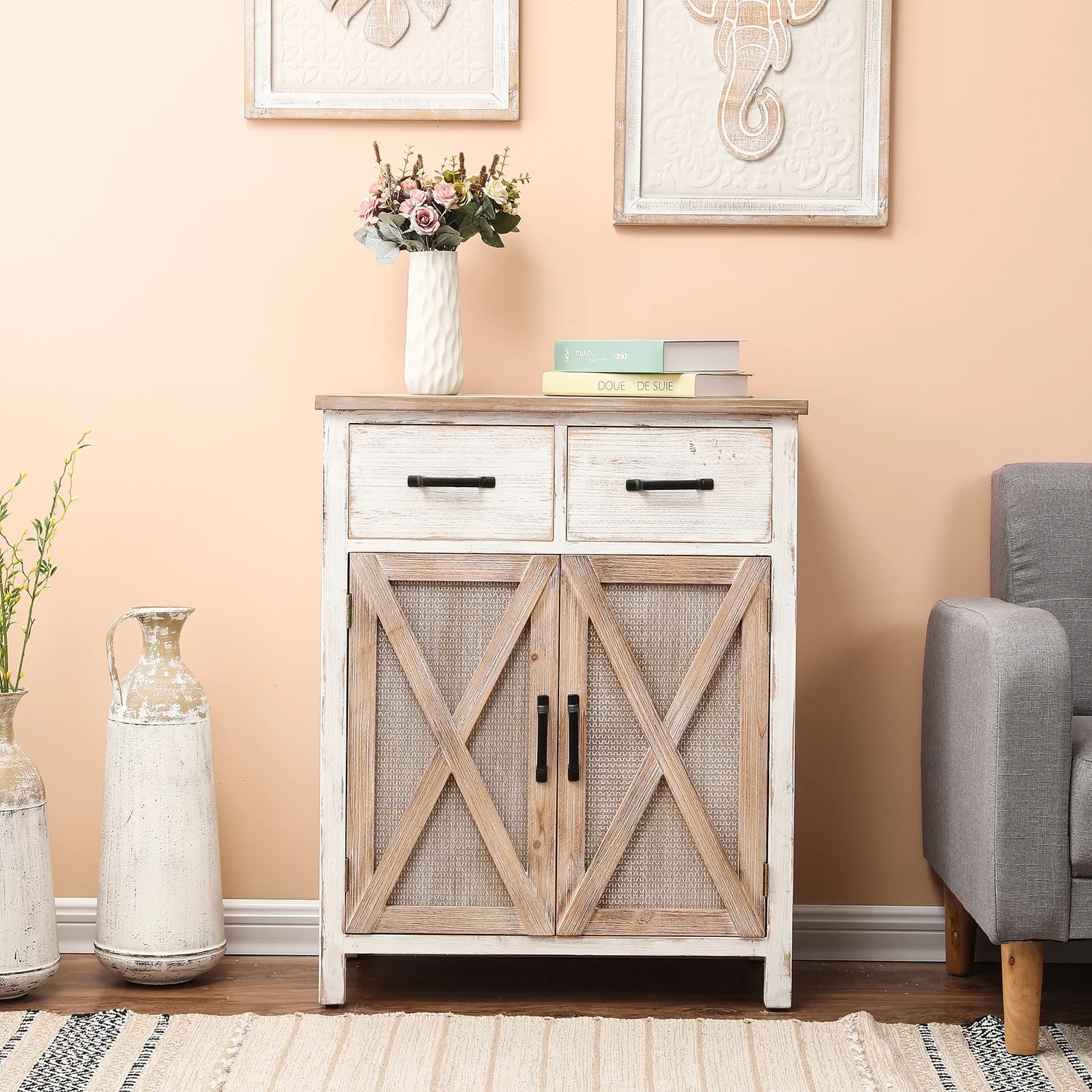 HomeStock Art Nouveau Allure White And Natural Wood 2-Drawer 2-Door Storage Cabinet