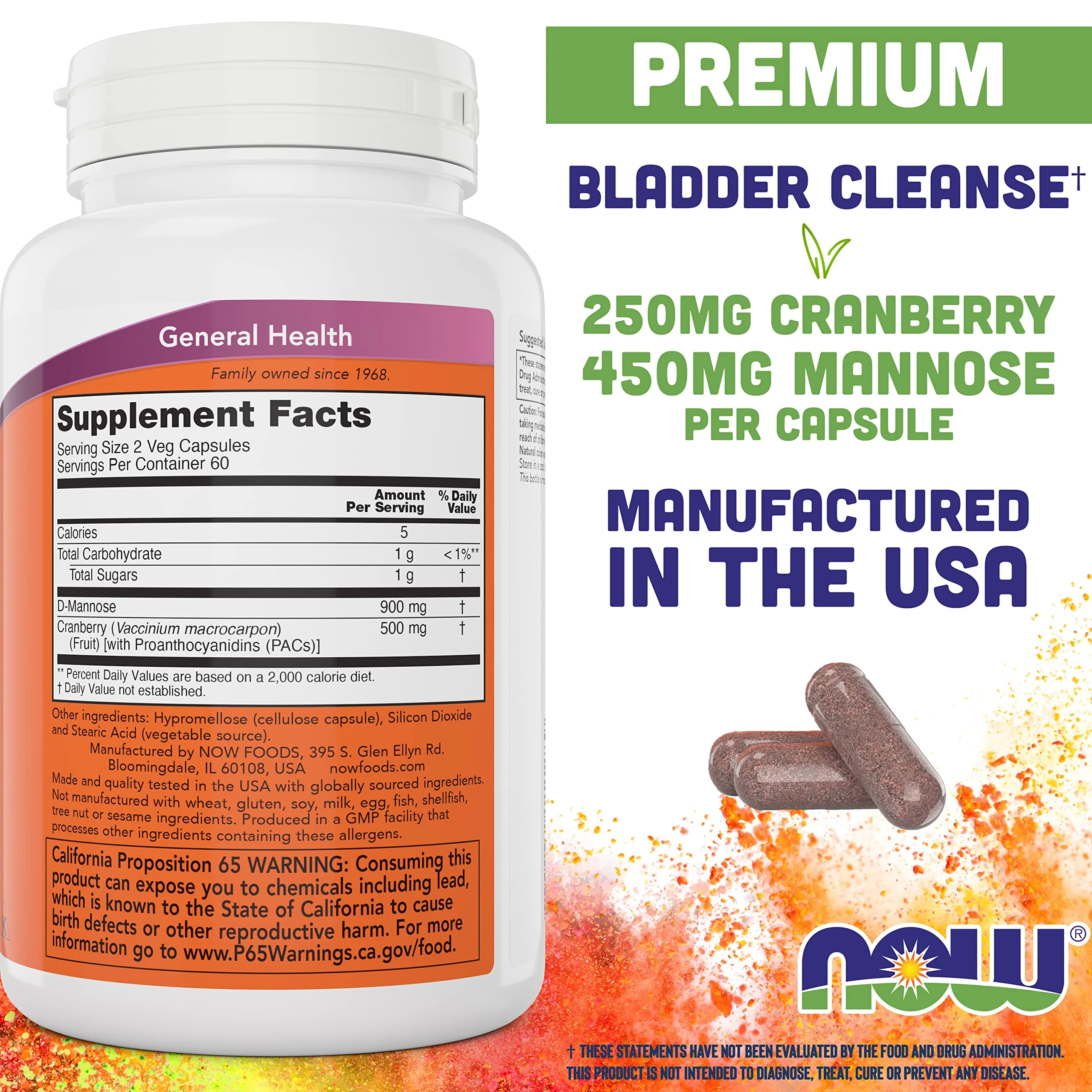 Now Foods Mannose Cranberry, 120 Veg Capsules - With Pac - 450Mg Dmannose, 250Mg Whole Cranberry - Bladder Cleanse And Urinary Tract Health* - Vegan Friendly Supplement, Non-Gmo