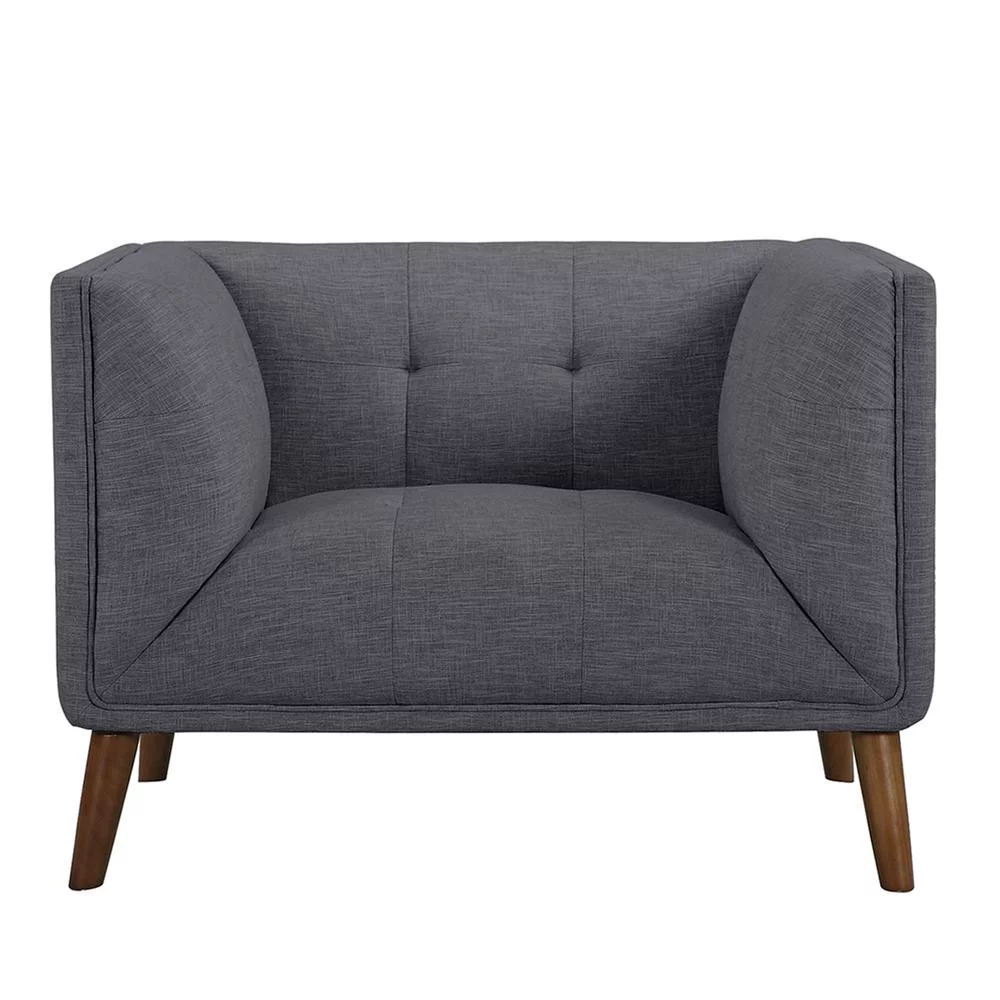 Hudson Gray Button-Tufted Sofa Chair Linen Fabric Walnut Legs