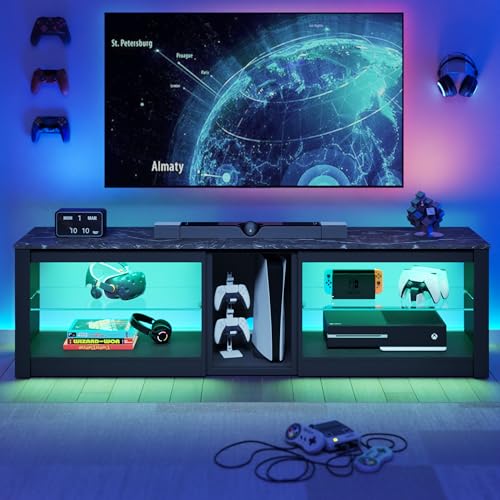 Bestier TV Stand for 70 inch TV, Gaming Entertainment Center for PS5, LED TV Cabinet with Glass Shelves for Living Room, 63'' Inch, Marble Black