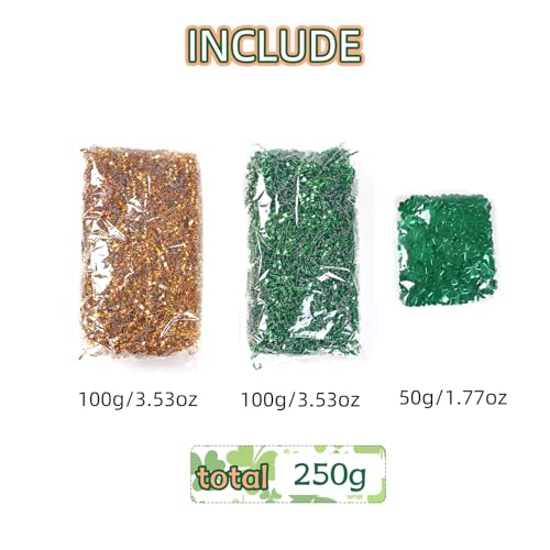 Gloreyan 8.8oz Christmas Crinkle Cut Paper Shred, Xmas Metallic Red Green Raffia Paper Sherd Filler Grass with Christmas Confetti for Gift Wrapping Basket Filling Birthdays Weddings Party Supply