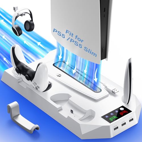 Cooling Station for PS5 & PS5 Slim Console Disc/Digital Edition, Stand Compatible with PlayStation 5, Charging Station with Dual Controller Charger, 3 Levels Cooling Fan, 3 USB Hubs & Headset Holder