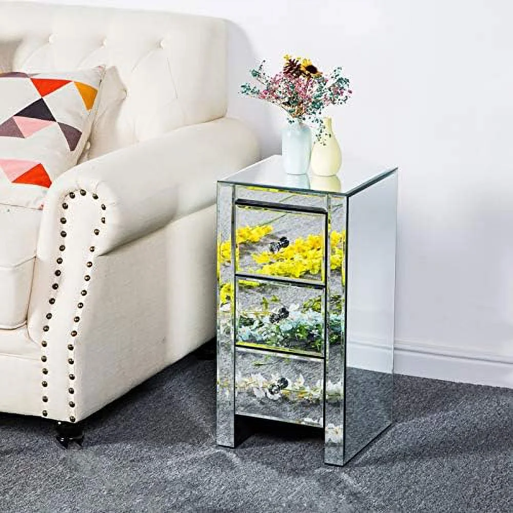 RUNFAYBIU Mirrored Nightstand  Mirrored End Table with 3 Drawers and Crystal-Style Knobs   Mirrored Bedside Table for Bedroom  Living Room  Small Place  Silver  11.81" L x 11.81"