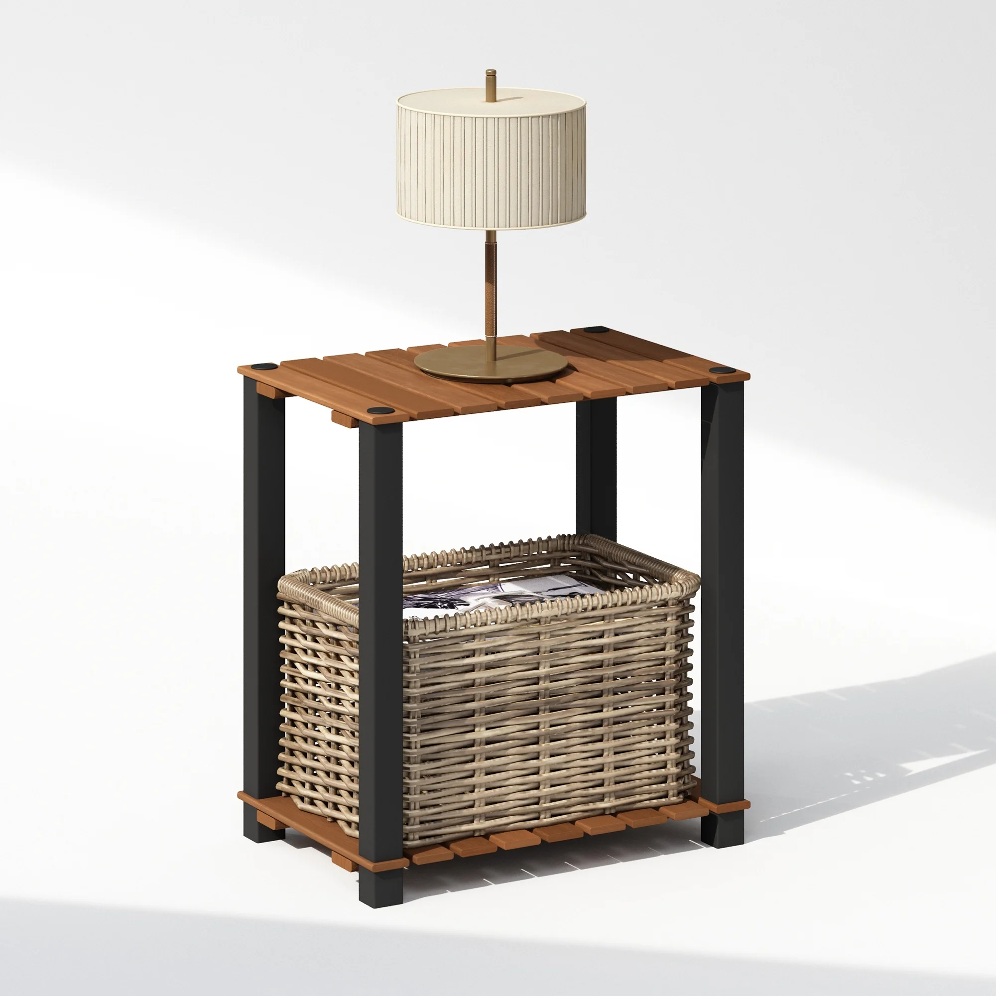 Furinno Turn-N-Tube 2-Tier Wood Slat Small Rectangle End Table with Open Shelves, Natural/Black