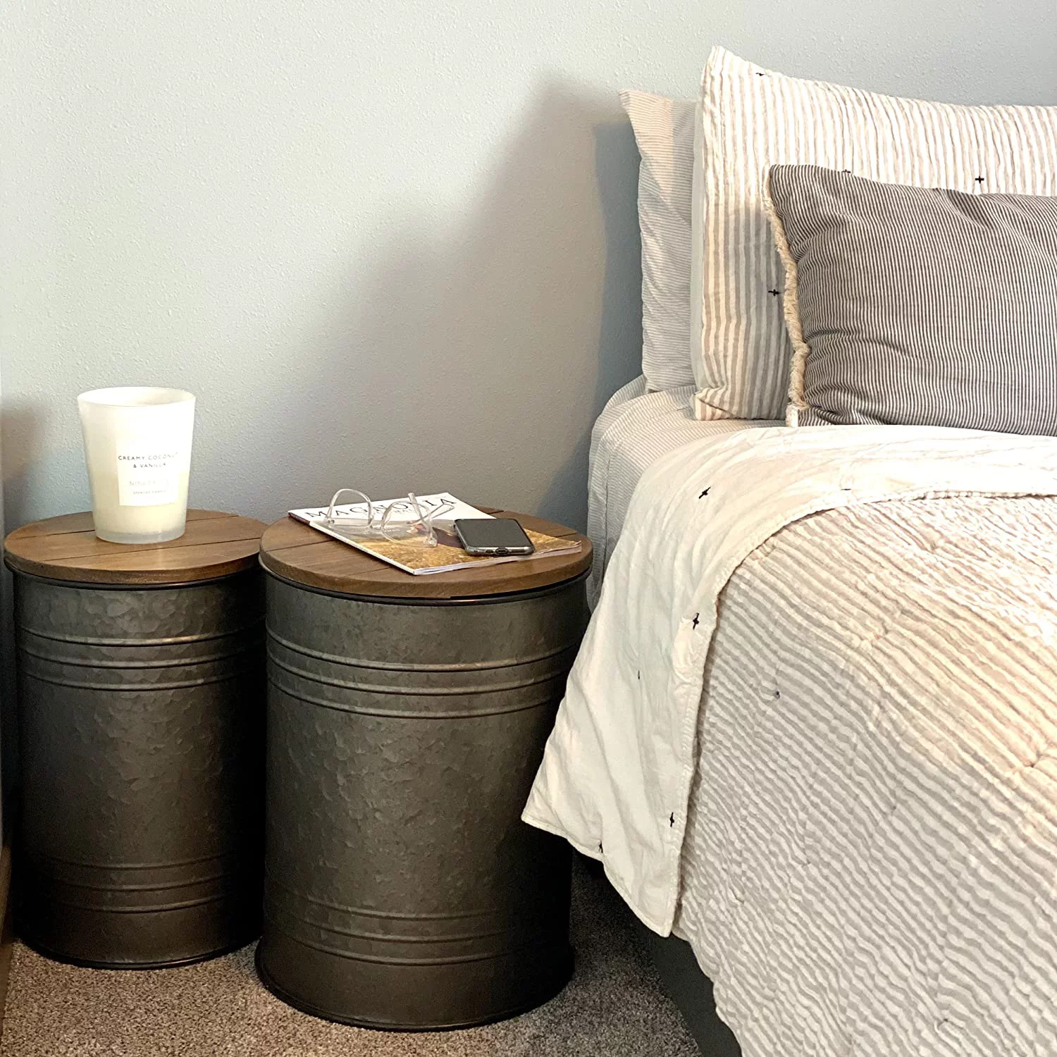 Farmhouse Side Table  Ottoman Set - 2pk Galvanized Metal Barrel Living Room Blanket