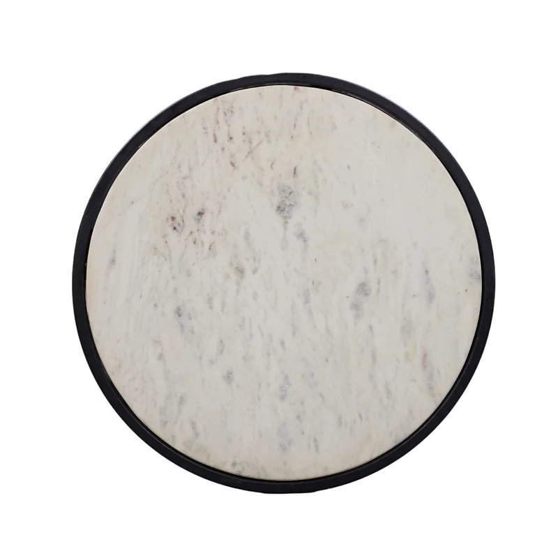 Beri Side End Table Round White Natural Marble Top Classic Slim Black Iron Frame