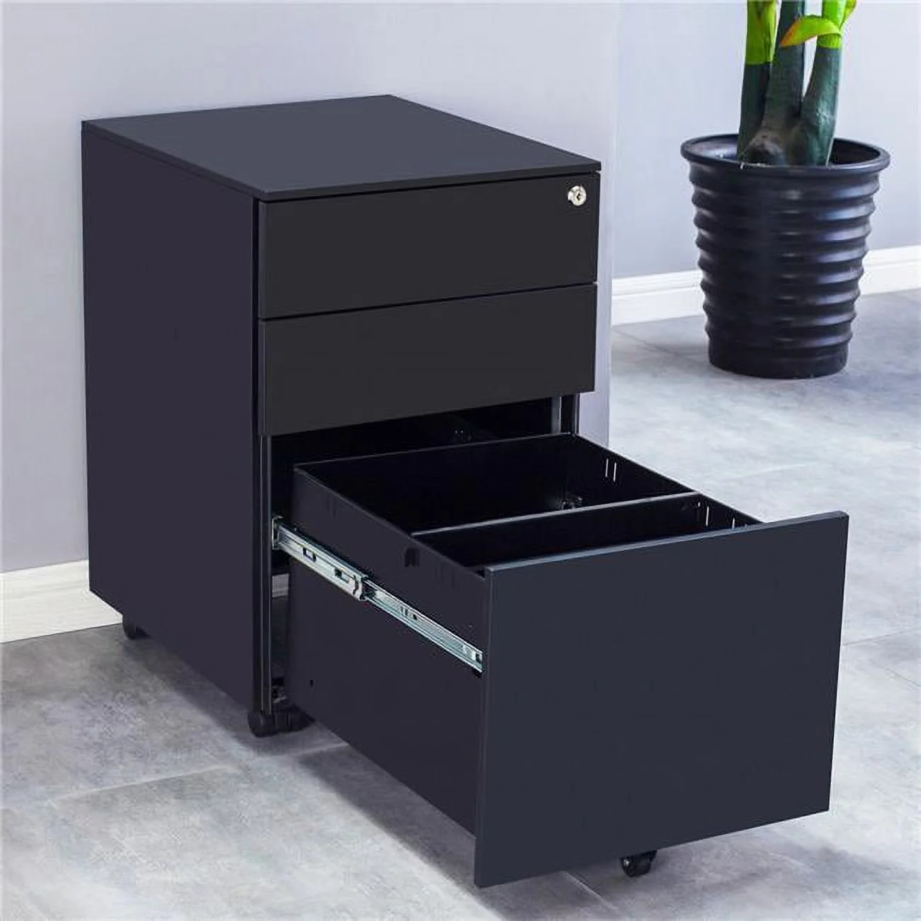 3 Drawer Mobile File Cabinet with Lock Steel for A4/F4 Size, Fully Assembled Office Cabinet for Home or Office, Black