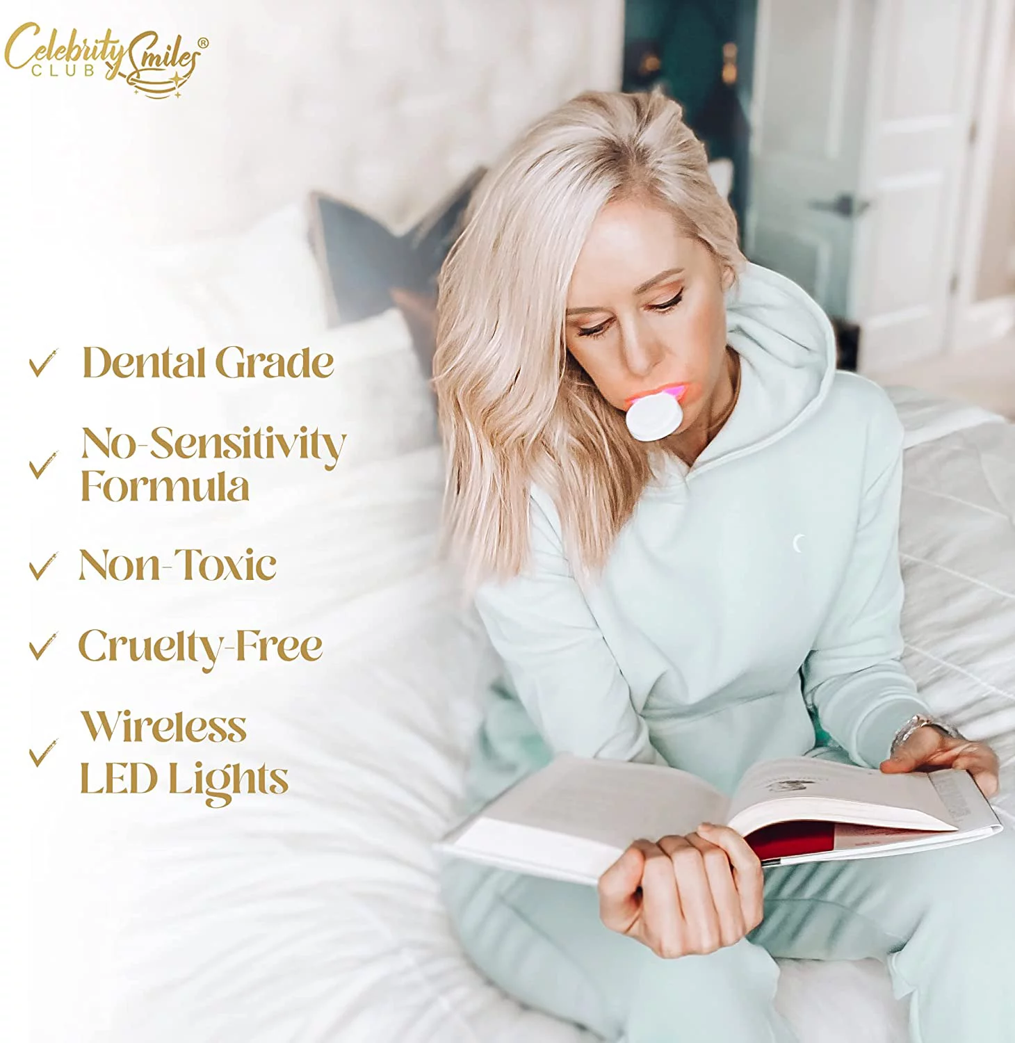 Celebrity Smiles® Teeth Whitening Kit with 32 Blue/Red LED Lights - 3 Pack Teeth Whitening Gel Pens - BPA Free Wireless Mouthpiece - No Sensitivity, Pain Free and Enamel Safe Formula