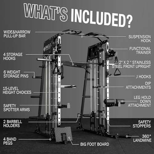 Mikolo Smith Machine, 2200lbs Squat Rack with LAT-Pull Down System & Cable Crossover Machine, Training Equipment with Leg Hold-Down Attachment