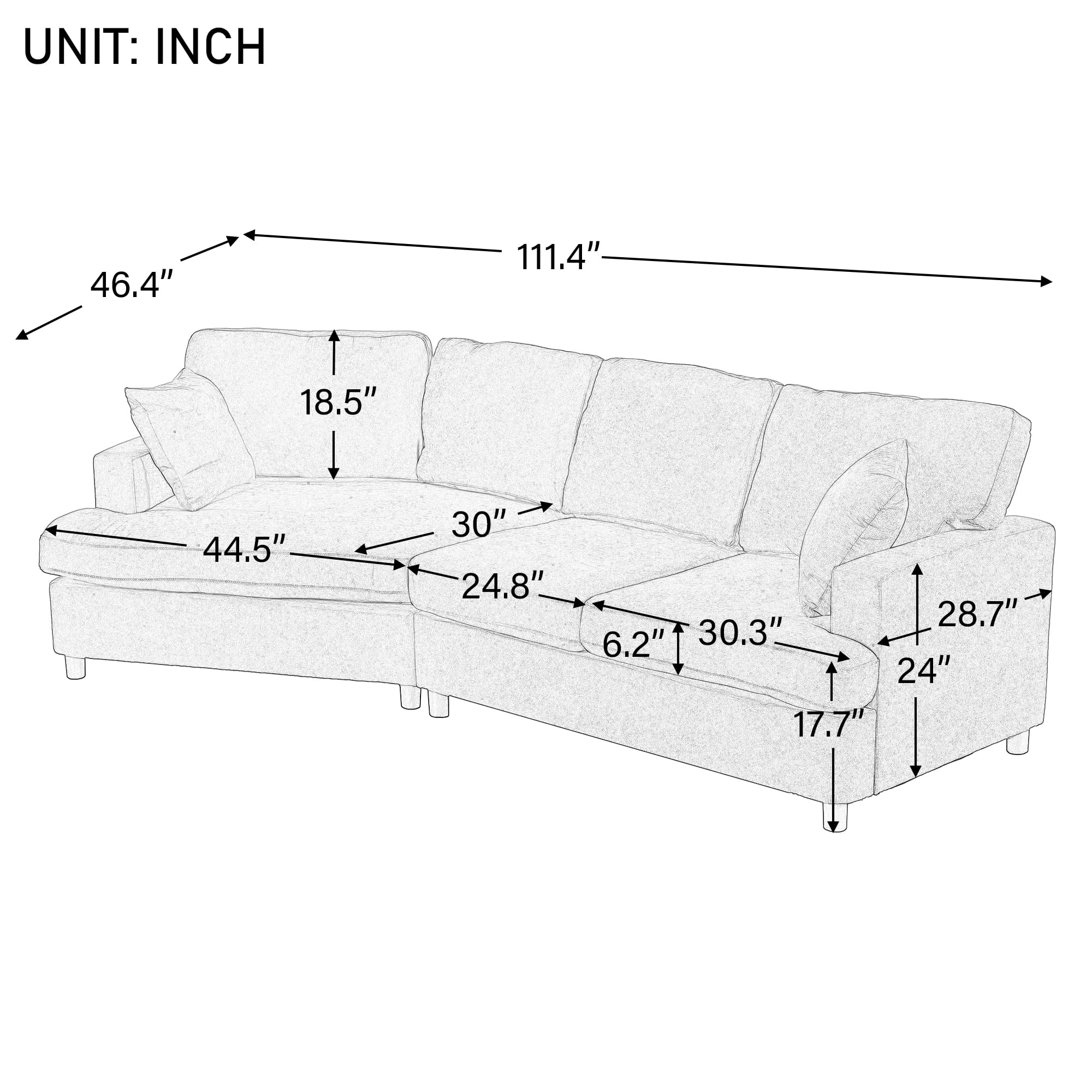 Euroco 3 Seat Sofa with Removable Back and Seat Cushions, 110
