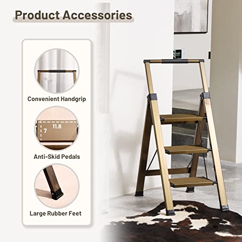 XinSunho 5 Step Ladder, Retractable Handgrip Folding Step Stool with Anti-Slip Wide Pedal, Aluminum Stool Ladders 5 Steps, 330lbs Safety Household Ladder