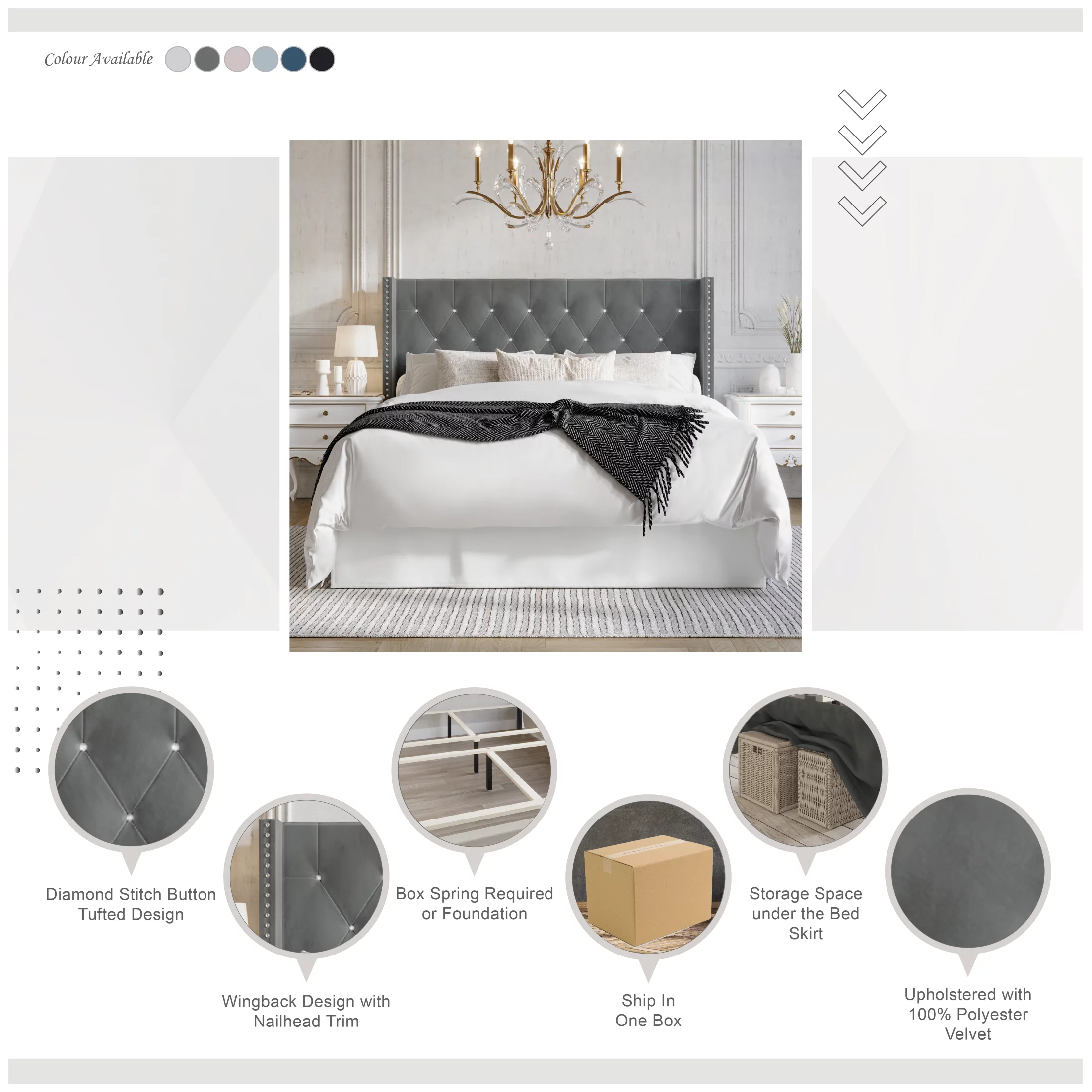 Castle Place Button Tufted Wingback Velvet Upholstered Bed, Black, Full