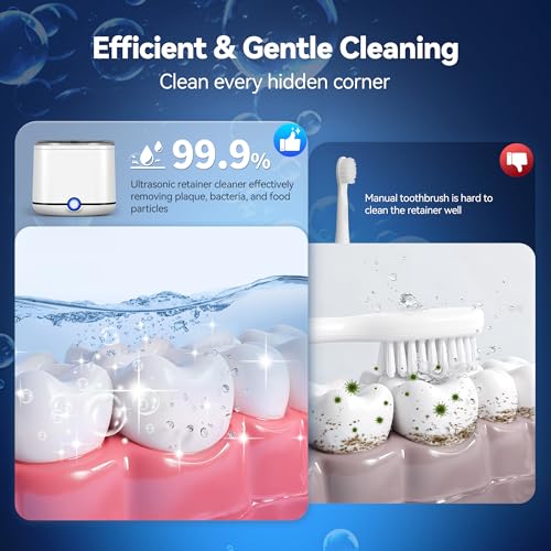 Ultrasonic Retainer Cleaner, 48kHz Retainer Cleaner Machine for Dentures, Mouthguard, Braces, Night Guard, Toothbrush, Jewelry with 7.8OZ Dental Cleaning Pod-Cool White