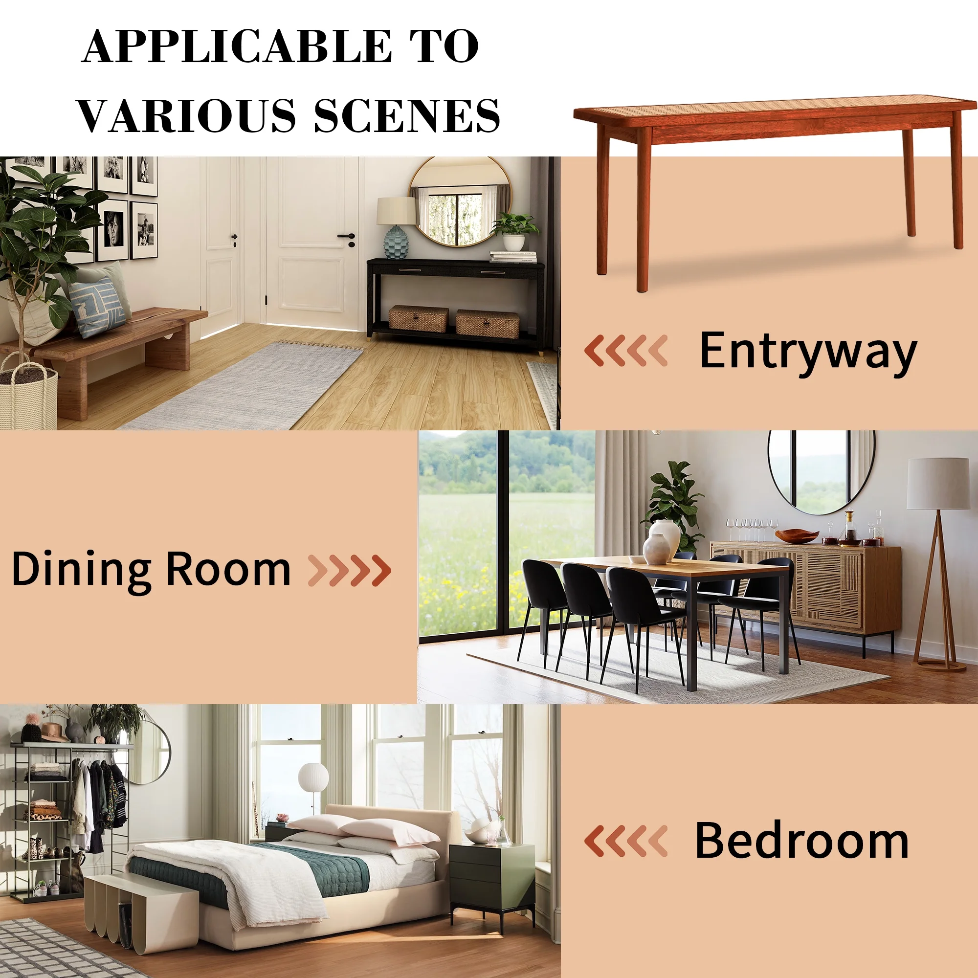 Ufurpie Solid Wood Bench with Rattan Woven,Dining Chair,Bed End Stool,Shoe Stool,Living Room,Dining Room,Hallway,Walnut