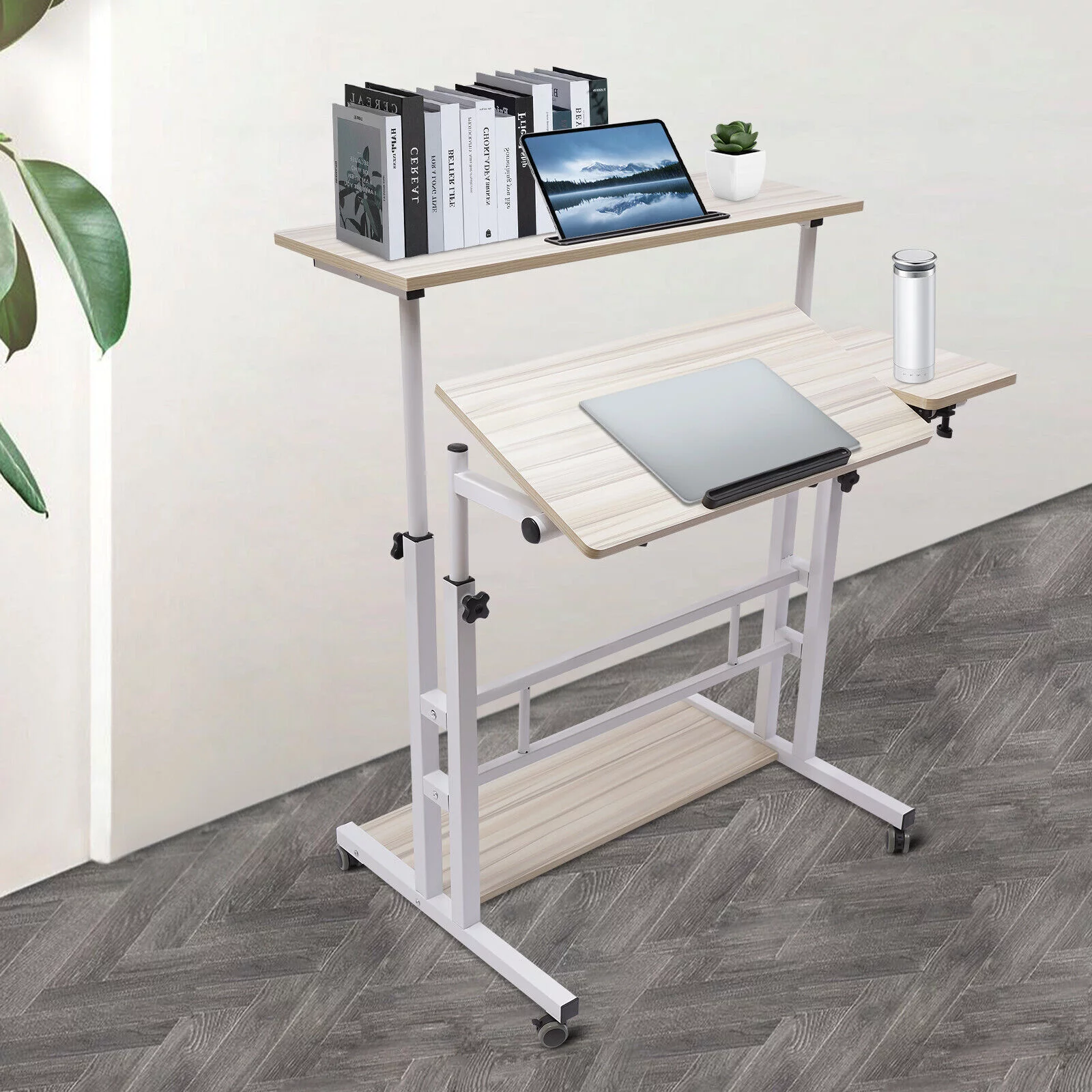 OUKANING Mobile Stand Up Desk Adjustable Laptop Desk Home Computer Table Office Table Laptop Cart With Wheels White