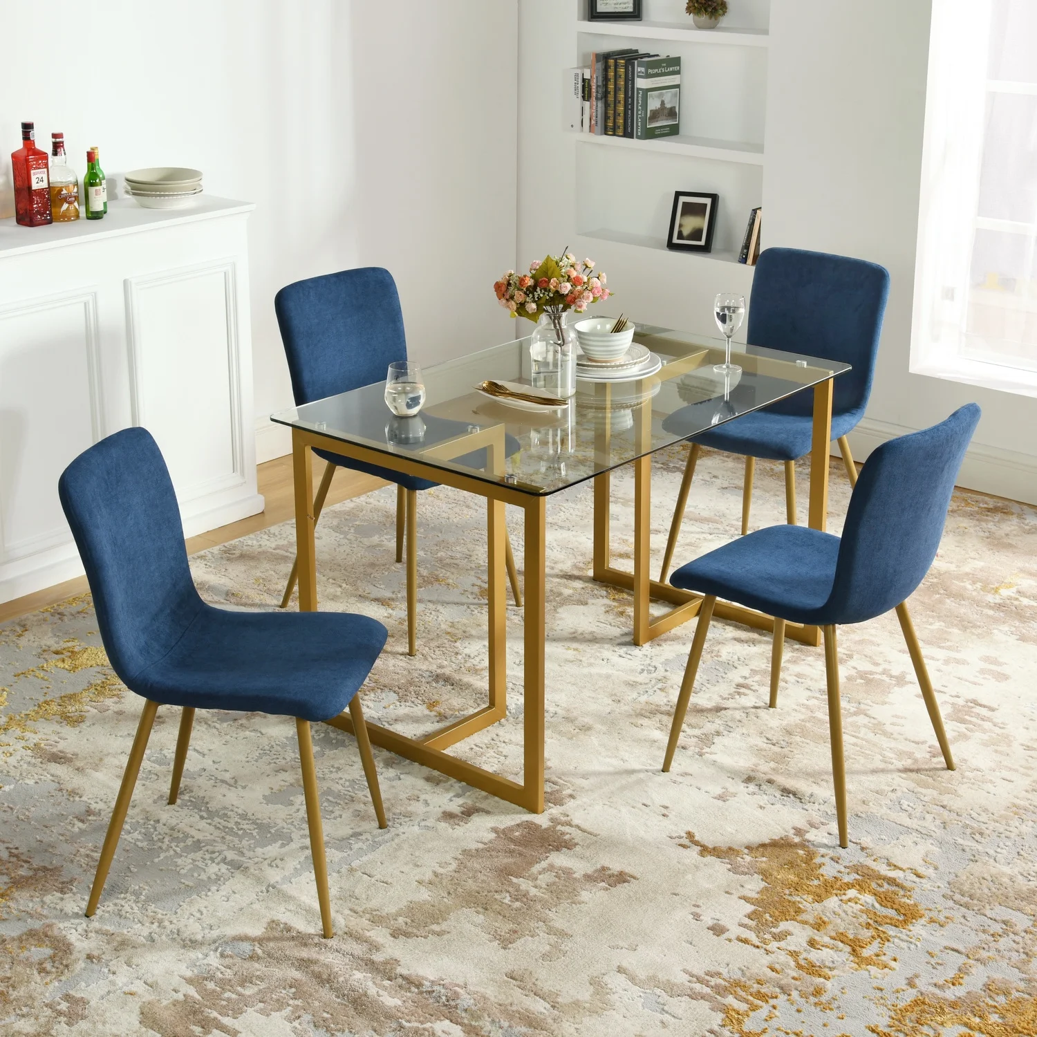 Homy Casa Modern Dining Chairs Set of 4, Upholstered Velvet Fabric Side Chairs with Gold Metal Legs, Navy Blue