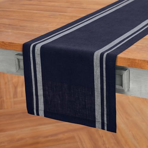 Solino Home Linen Table Runner 60 Inches - 100% Pure Linen Black and Natural French Stripe Table Runner 14 x 60 Inch Ideal for Dresser and Coffee Tables - Fall, Halloween, Thanksgiving, Holiday