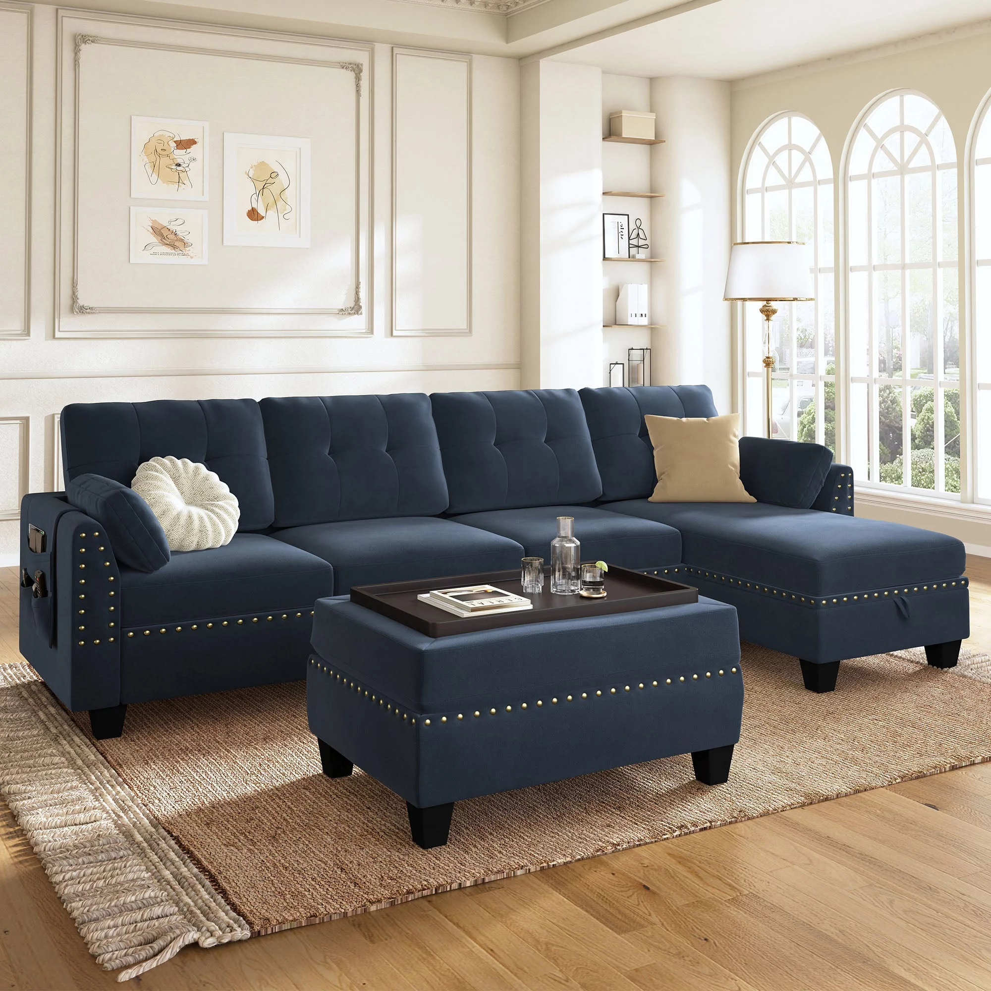 HONBAY Velvet 4-Seat L-Shaped Sectional Sofa with Table Ottoman Set