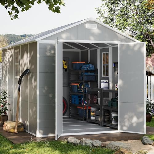 UDPATIO Outdoor Storage Shed 8 x 10 FT, Resin Garden Sheds with Floor Plastic Patio Outdoor Storage with Lockable Door for Tool, Bike, Garbage Gray White