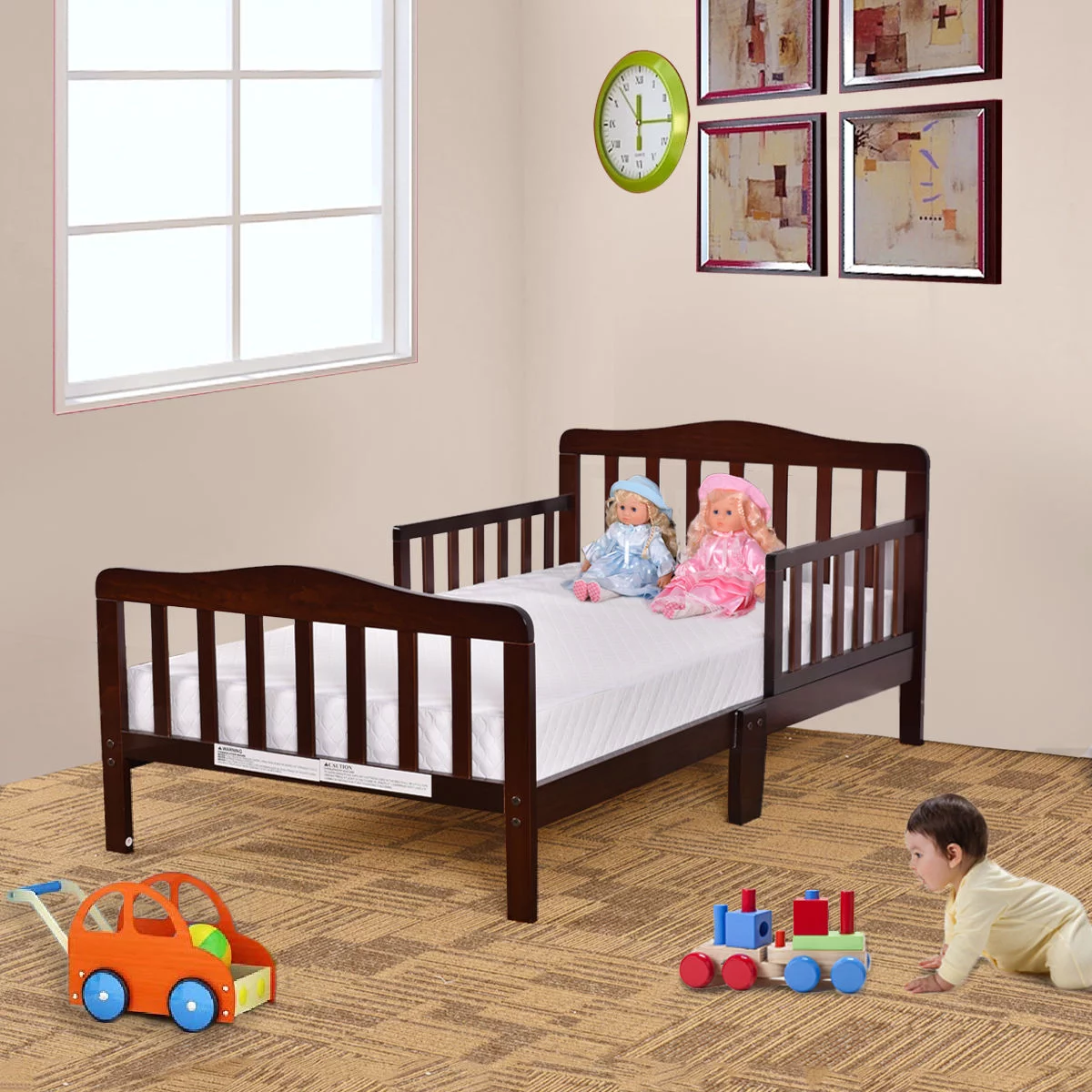 UBesGoo Toddler Bed, Wood Kids Bedframe Children Classic Sleeping Bedroom Furniture w/Safety Rail Fence (Cherry)