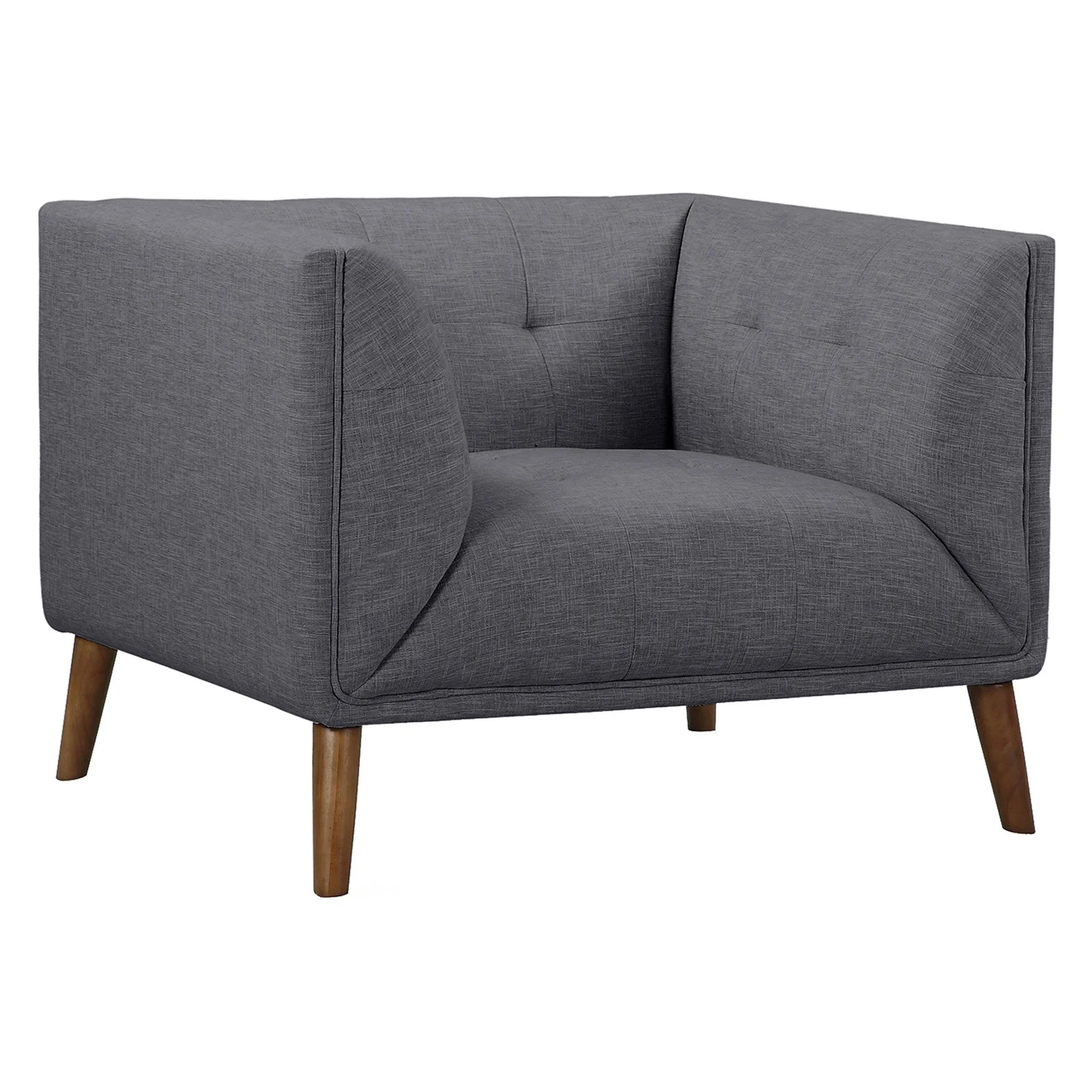 Hudson Gray Button-Tufted Sofa Chair Linen Fabric Walnut Legs