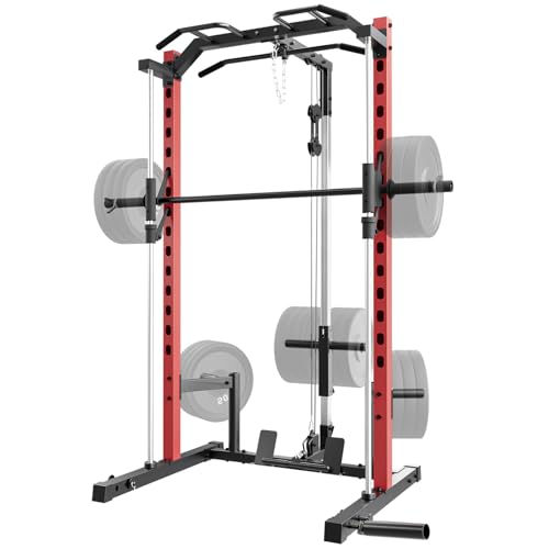 OPPSDECOR Power Cage Power Rack with LAT Pull Down Pulley System& Cable Row, Weight Cage with More Training Attachments, Multi-Functional Squat Rack for Home Gym System