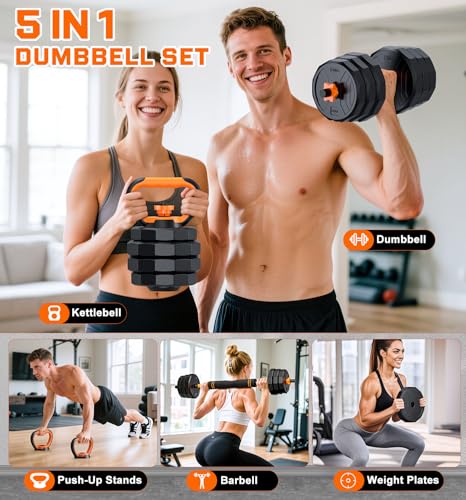 5-in-1 Adjustable Dumbbell Set, 33/44/66/88lbs Free Weights Set with Connector, Used as Kettlebells, Barbell, Push up Stand, Standard 1