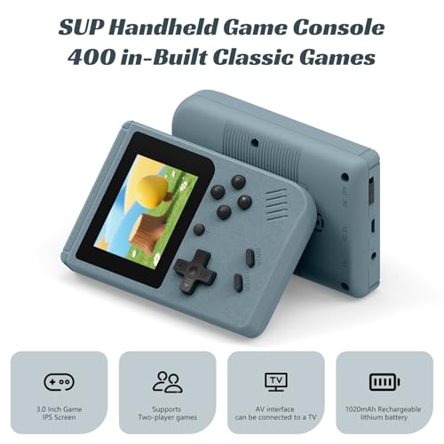 Retro Handheld Games Console, Built-in 400 Video Games, Portable Video Gaming Player with 3.0 Inch IPS Screen and Rechargeable Battery (Gray)