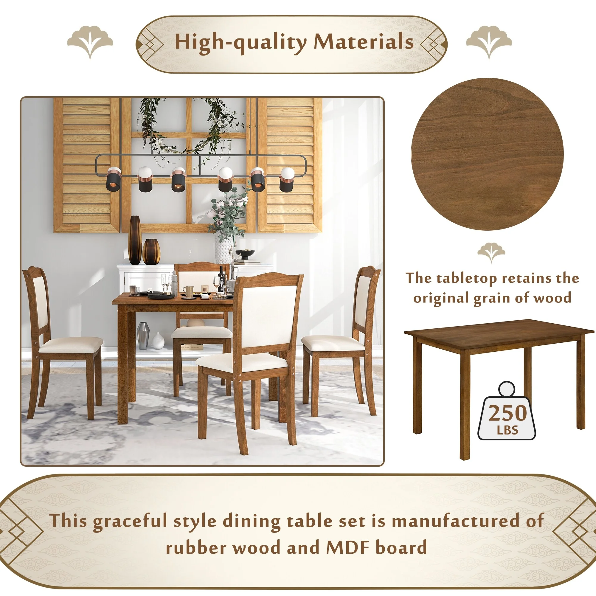 Elegant 5-Piece Wood Dining Table Set with Upholstered Chairs Walnut
