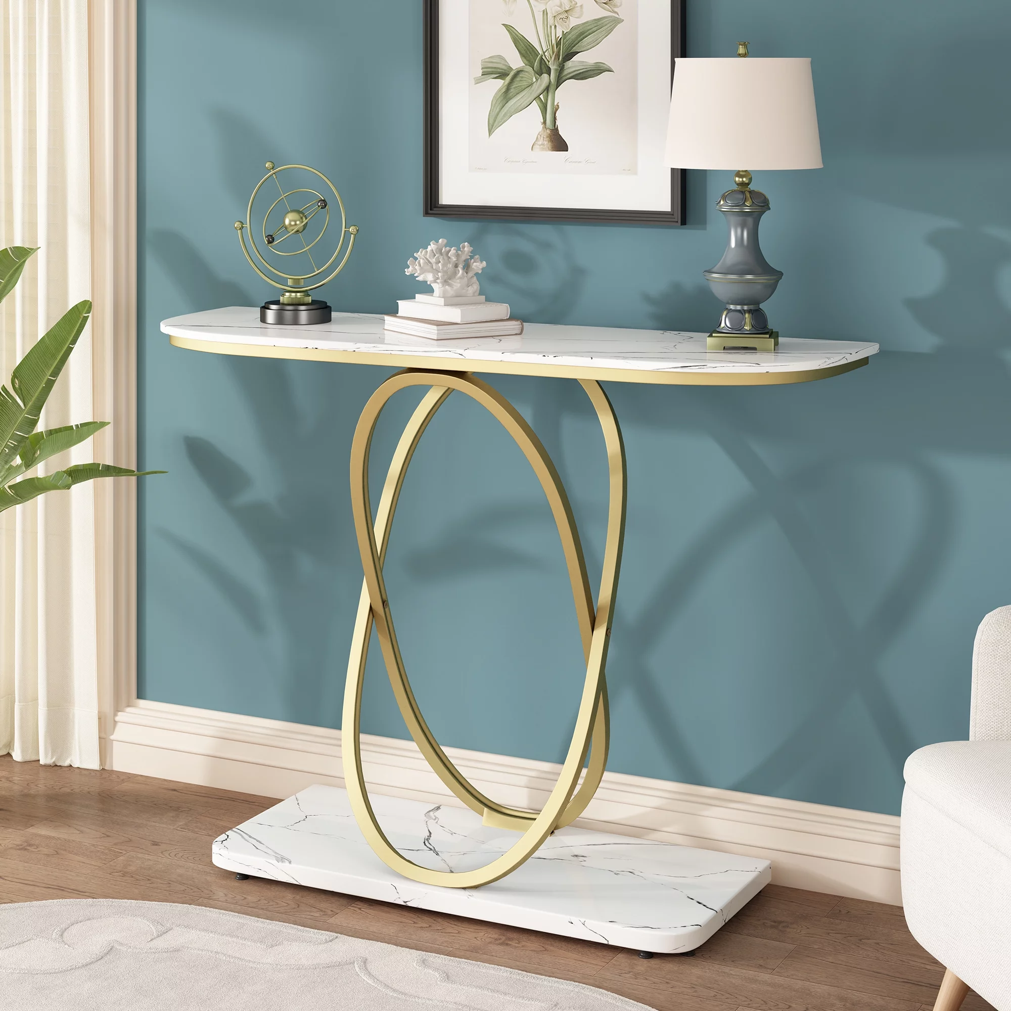 HOMYSHOPY Modern Console Table, Faux Marble Sofa Table with Oval Metal Base, 43.31 Inch Entrance table for Lining Room Entryway, White & Gold