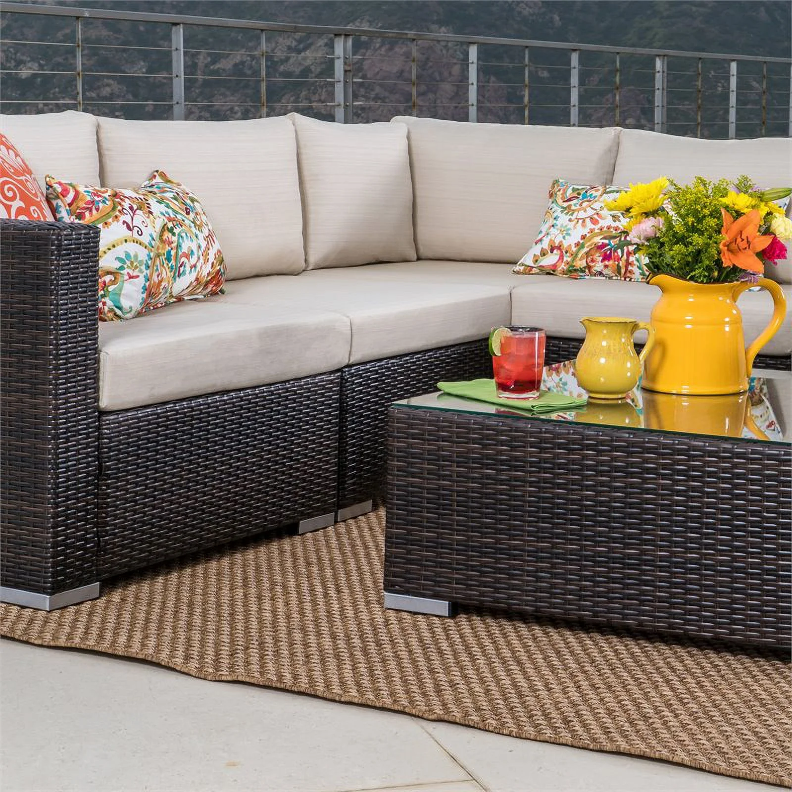 Santa Rosa Multibrown Wicker 5 Seater Sectional Sofa Set with Beige Cushions