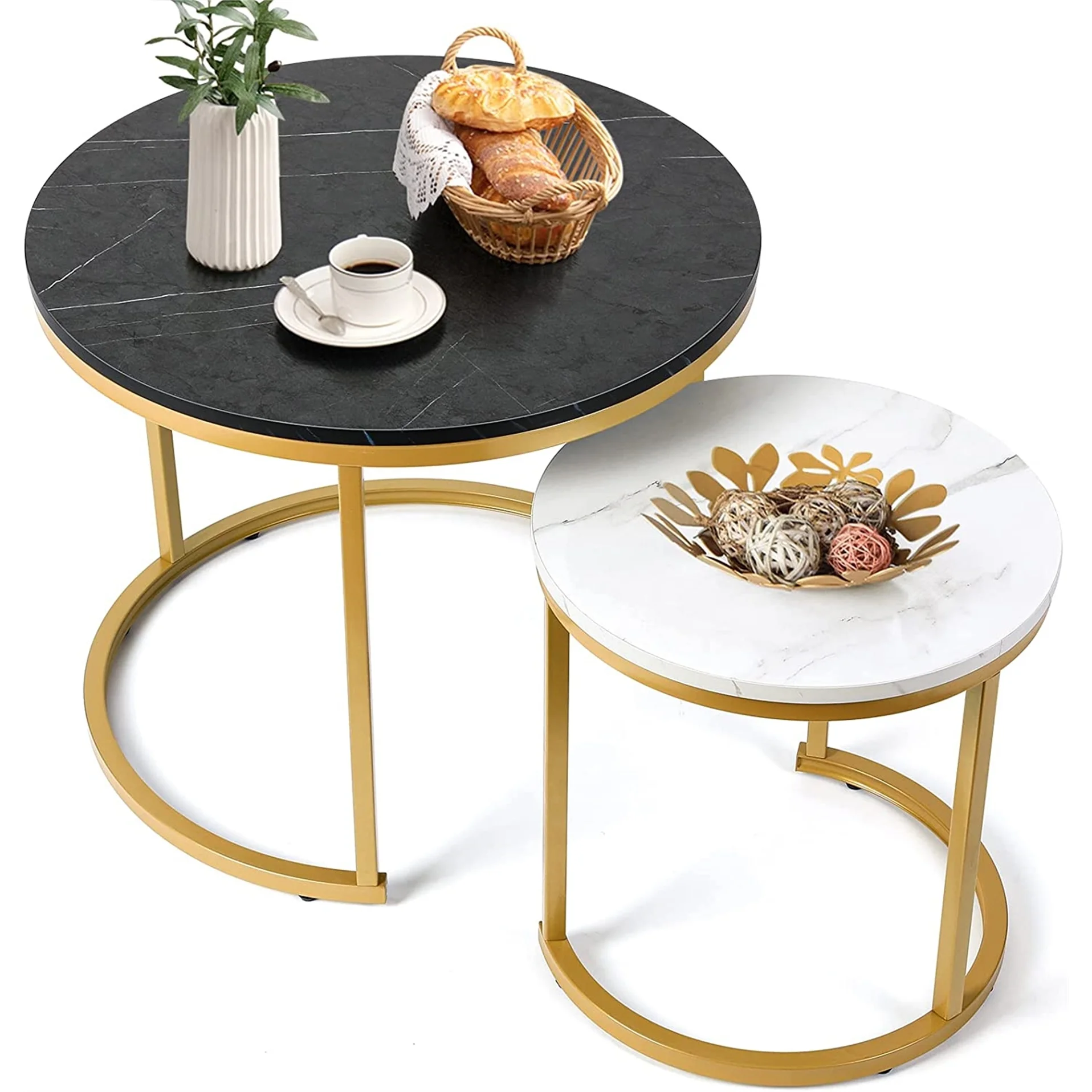 Modern Round Nesting Tables with Metal Frame (Set of 2) (White & Black)