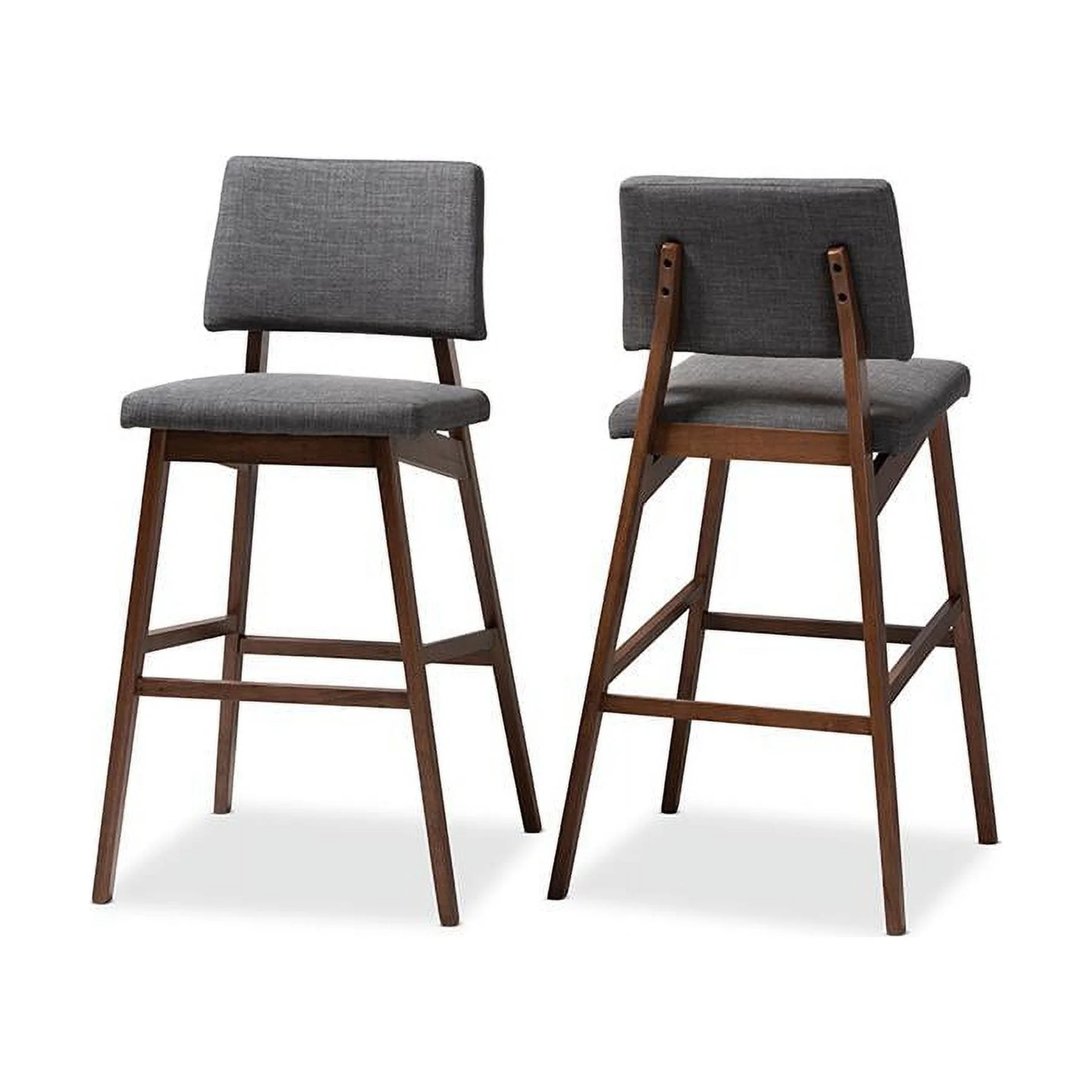 Baxton Studio Colton Mid-Century Modern Dark Gray Fabric Upholstered and Walnut-Finished Wood Bar Stool Set of 2