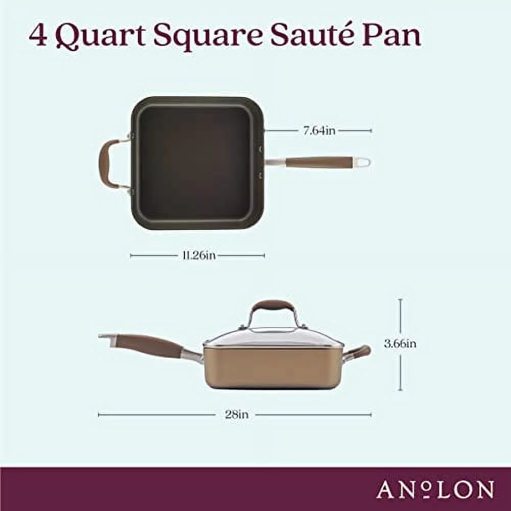 Anolon Advanced Hard-Anodized Non-stick 4-Quart Covered Square Saute with Helper Handle, Bronze