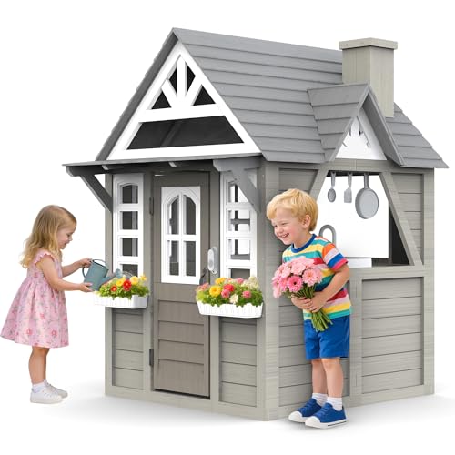 Kids Playhouse Outdoor,Wooden Play House Playset for Kids, Large, Sturdy, Realistic Design with Kitchen, Doorbell, Flower Pot, Stove, Sink & Clock, Perfect for Kid Ages 3-8 (Gray)