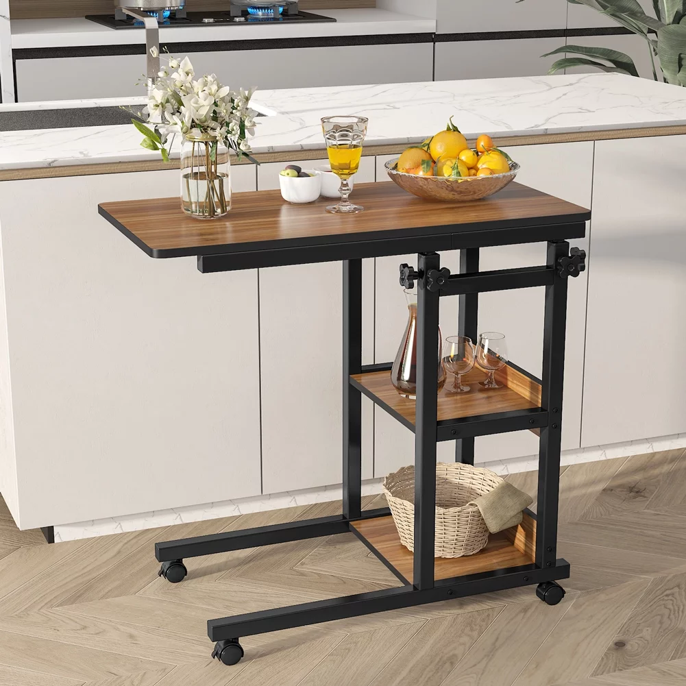 TribeSigns Overbed Bedside C Table Small Computer Desk Sofa Table with Storage Shelves, Mobile Couch Table Tray Snack TV Laptop Table with Wheels