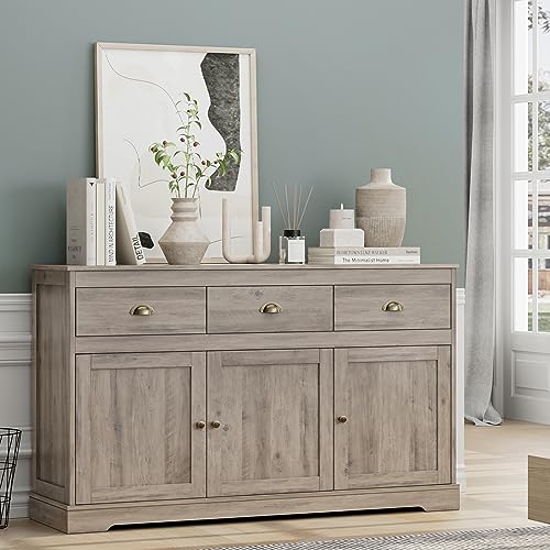 Keyluv White Buffet Cabinet Storage Sideboard Farmhouse Server Bar Wine Cabinet with 3 Drawers & 3 Doors Adjustable Shelves Console Table for Dining Living Room Kitchen Cupboard