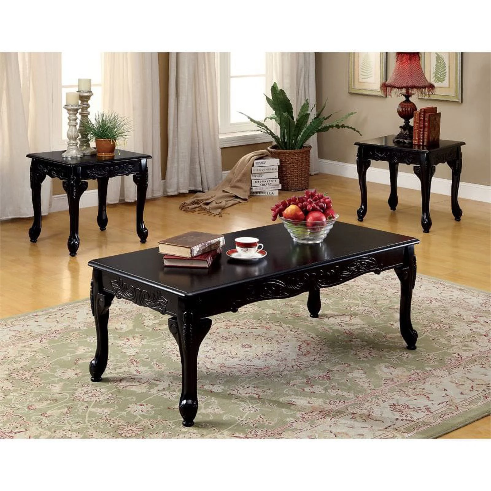 Furniture of America Alice Solid Wood 3-Piece Coffee Table Set in Black