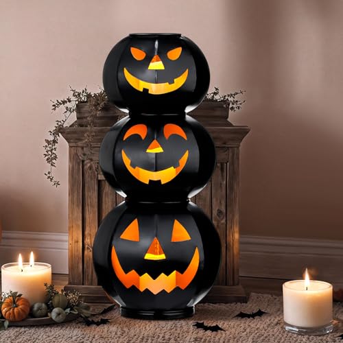 3 Tiers Black Metal Jack O Lanterns Light up Pumpkins with LED Candles with Black Creepy Cloth Decoration Bundle Pre-lit Pumpkin Lights for Halloween Indoor Outdoor Yard Decor