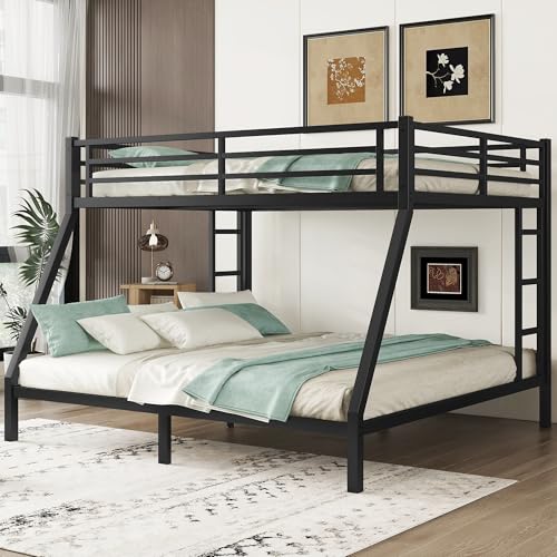 Heavy Duty Bunk Bed Frame with Ladder, Twin XL Over Twin XL Bunk Beds with Safety Guardrails, Adults Bunk Beds with Noise-Reducing Rubber Stoppers, Easy Assemble, Black
