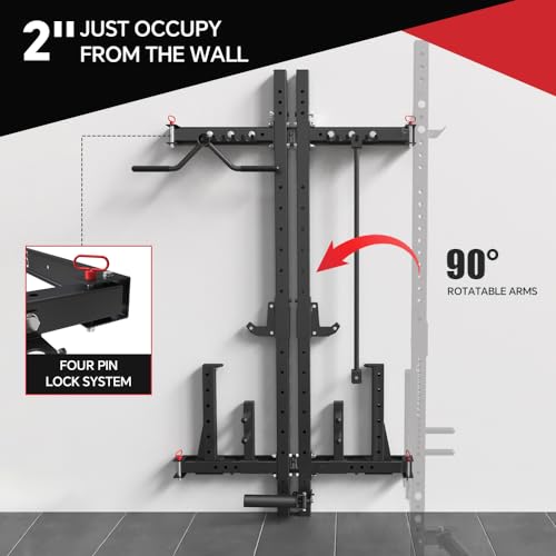 2.36'' x 2.36'' Folding Squat Rack Wall Mounted with Adjustable Pull-Up Bar, J-Hooks,Safety Arm,Dipping bar，with Simth System