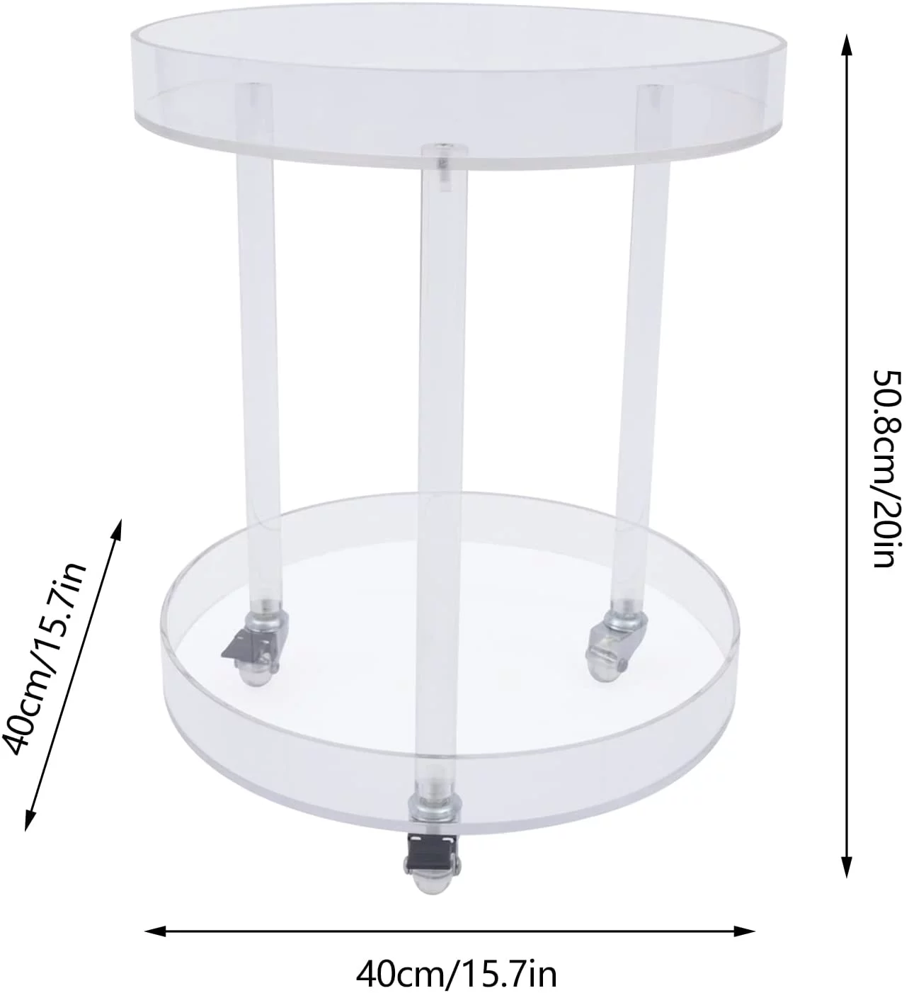 Small Acrylic Round Side Table with Wheels, 2 Tier Clear Acrylic Side End Table, Modern Clear Acrylic Side Table for Balcony Living Room Party Display